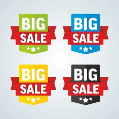 Big sale badge with red ribbon Different colors Vector illustration