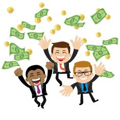 Businesspeople on pile of money cash N14