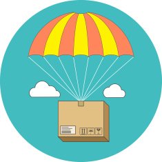 Package flying on parachute delivery service concept Flat desi