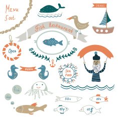 Fish restaurant invitation or menu elements - funny design