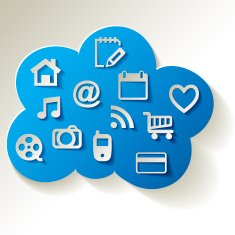 Cloud Computing blue with web icons on a white background