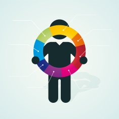black silhouette of a man holds color pie chart