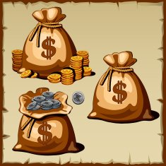 Set of bags with gold and silver coins