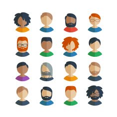 Collection of 16 colorful flat user male icons