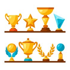 Sport or business trophy award icons set on shelves