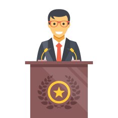 Speaker at podium Man in suit standing rostrum