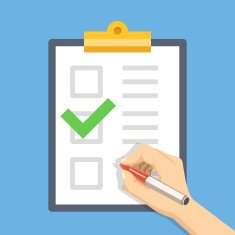 Hand with pen clipboard checklist Fill form Flat illustration