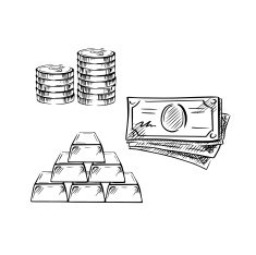 Sketch of dollar bills coins and gold bars