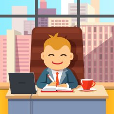 Big boss CEO sitting at the desk with laptop