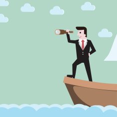 Businessman close up holding spyglass sailing on boat busine