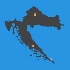 Croatia map dark with markers on blue background