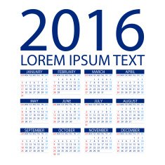 Calendar for 2016 on White Background Week Starts Monday Vector N3
