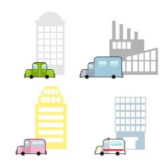 Transport and public buildings set cartoon style Skyscraper