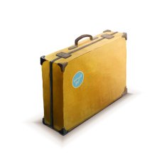 Yellow suitcase with sticker realistic icon on white