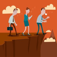 Businessman sleepwalking off a cliff