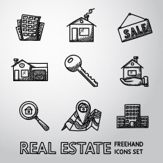 Set of freehand REAL ESTATE icons - landscape sale tag