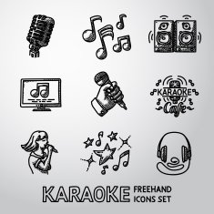 Set of karaoke singing freehand icons - microphone notes loudspeakers
