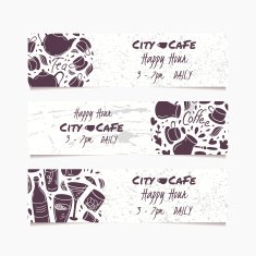 Banners set with hand drawn drinks Round doodle emblem Beverages