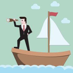 Businessman holding spyglass sailing on boat business concep