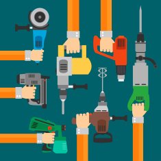 Builders Tools flat Modern background with hand