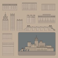 Flat Cartoon City Buildings Set Line Art Vector graphics