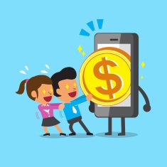 Cartoon business team pulling money from smartphone