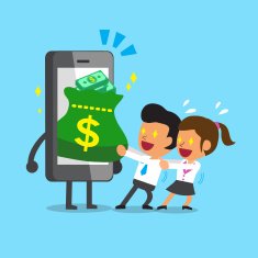 Cartoon business team pulling money bag from smartphone