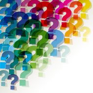 Colorful paper transparent question marks in corner on white background