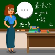 Teacher standing on blackboard background in the classroom Vect