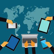 Worldwide network hands holding cell phones and tablets