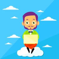 Cartoon Man Sitting on Clouds Use Laptop Internet Communication Concept