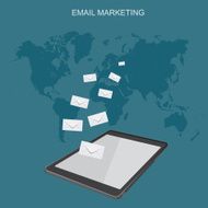 email marketing tablet with envelopes and world map