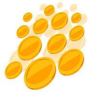 Shiny golden coins falling on white background