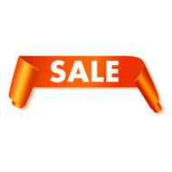 Sale tag on orange curved paper banner isolated