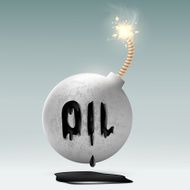 round bomb with a fuse and an inscription oil