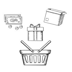 Shopping basket gift parcel and money