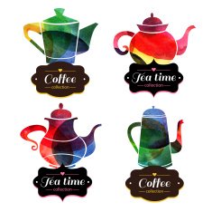 Set of tea and coffee labels Watercolor emblems Vector illustr