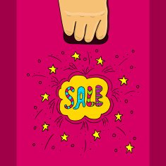 Hand holds a package with text sale-1