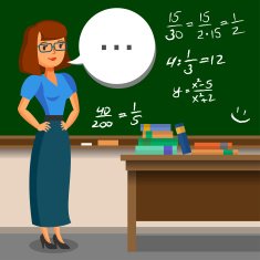Teacher standing on blackboard background in the classroom Vect