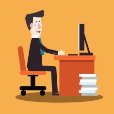 Happy businessman working in office at computer Vector flat design