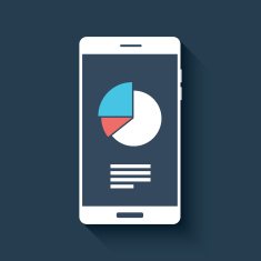 Smartphone with business graphs and charts symbol Isolated mobile phone