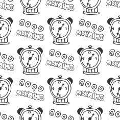Hand drawn seamless pattern with alarm clocks good morning