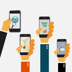 Hands holding cellphones vector illustration in flat design