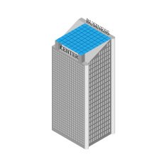 Isometric business center building with elevators and roof of solar