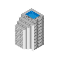 Isometric business center building with elevators and a rooftop pool