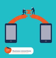 Businessmen building a puzzle bridge between two smartphones