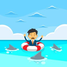Businessman Sing Sea Water Lifebouy Sharks Around Concept Financial Crisis
