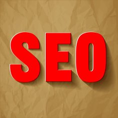 SEO symbol red on a crumpled paper brown background