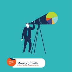 Businessman looking through a telescope chart