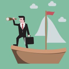 Businessman holding spyglass sailing binoculars on boat busi
